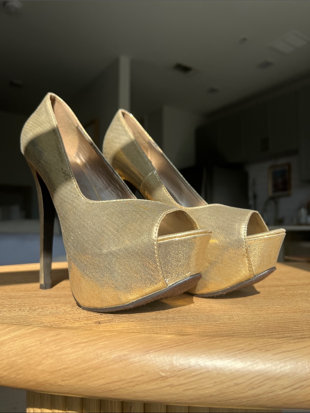 Breckelles Gold Peep-Toe Platform Pumps